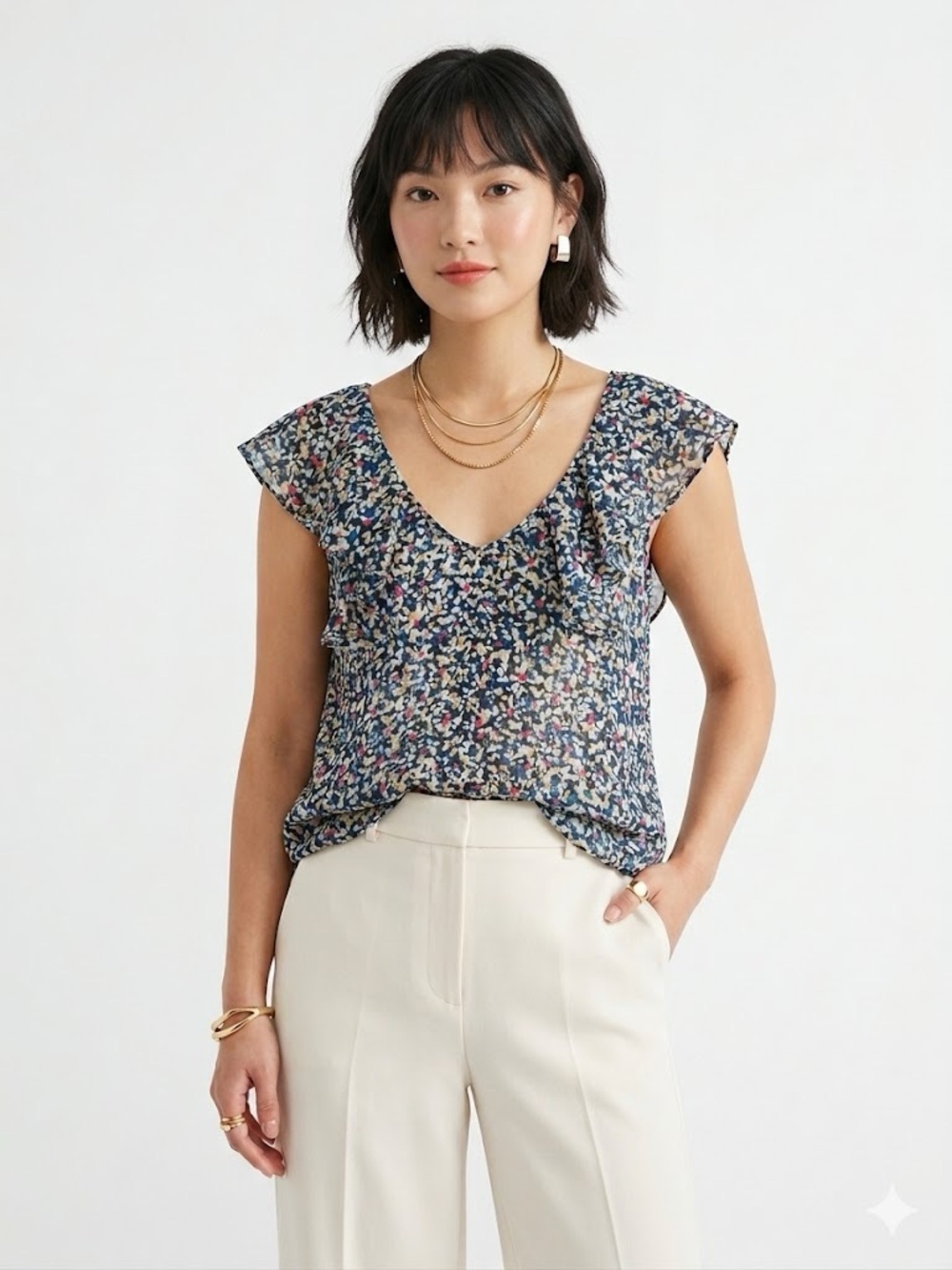BCBGeneration Boho Sheer Ruffle Sleeve Floral Blouse Cottagecore US L